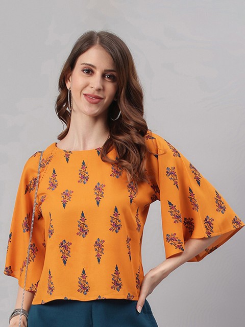 

Janasya Women Mustard Yellow Floral Printed Raglan Sleeves Regular Top