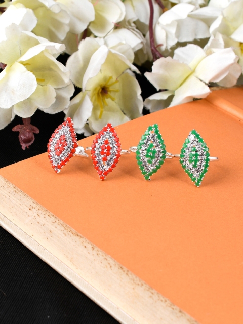 

Silvermerc Designs Pack of 2 Silver-Plated Green & Orange Stone-Studded Toe Ring