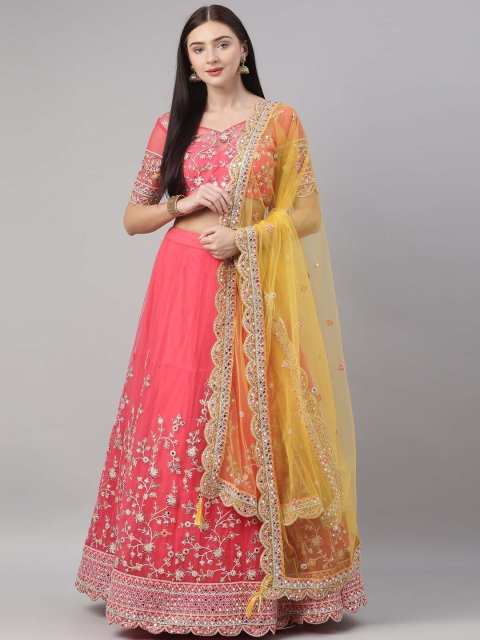 

panchhi Rust & Yellow Embroidered Mirror Work Semi-Stitched Lehenga & Unstitched Blouse With Dupatta