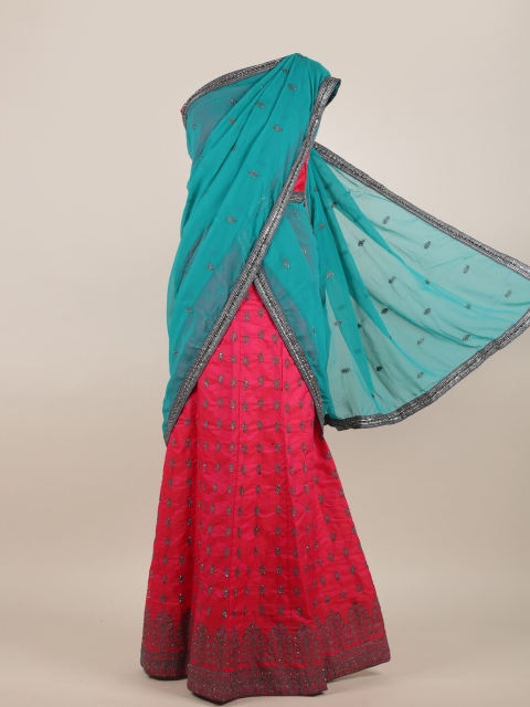 

Pothys Pink & Turquoise Blue Heavy Work Half Saree