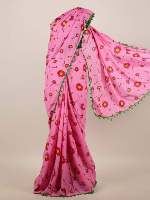 

Pothys Pink & Yellow Floral Cotton Blend Saree
