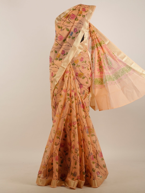 

Pothys Peach-Coloured & Pink Floral Printed Saree