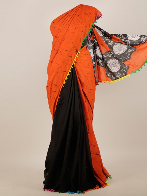 

Pothys Black & Orange Batik Floral Print Half and Half Saree