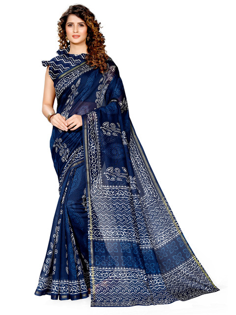 

KALINI Blue & White Ethnic Motifs Printed Zari Border Saree