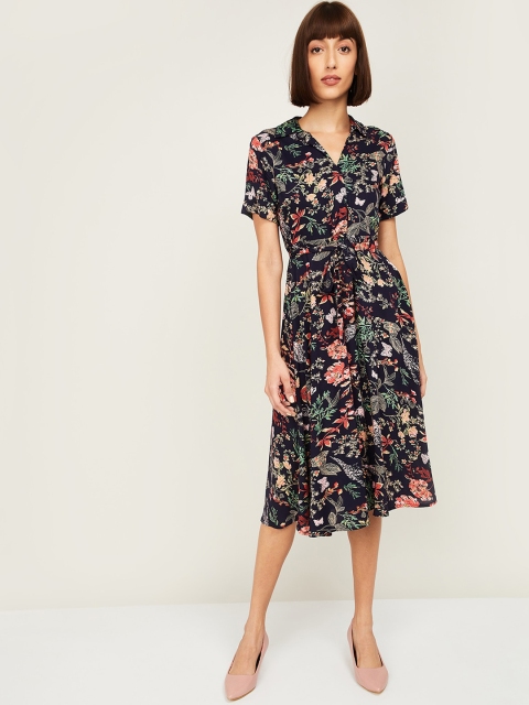 

CODE by Lifestyle Navy Blue & Rust Red Floral Midi Shirt Dress with Belt
