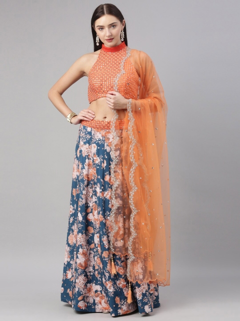 

panchhi Blue & Orange Mirror Work Ready to wear Lehenga & Unstitched Blouse With Dupatta