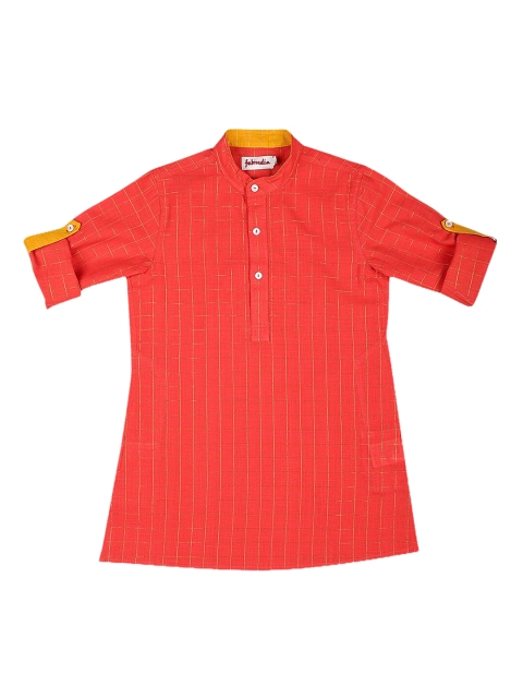 

Fabindia Boys Coral Red & Golden Checked Cotton Kurta