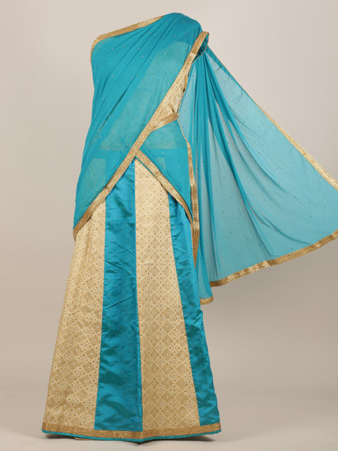 

Pothys Blue & Cream-Coloured Ethnic Motifs Beads and Stones Half Saree