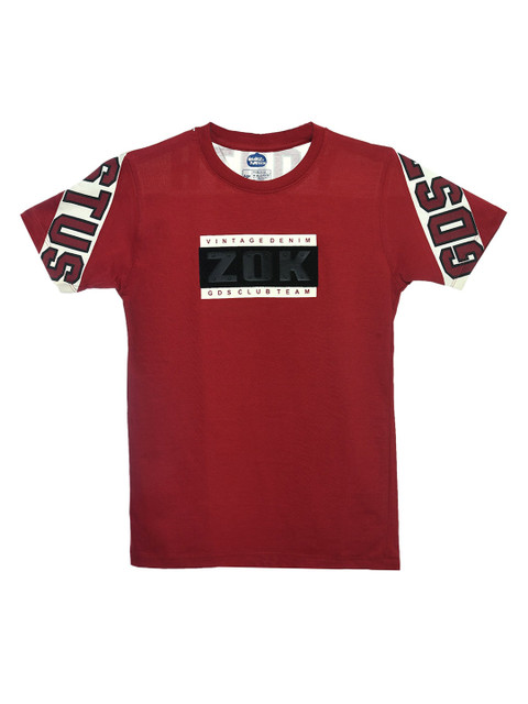 

ORANGE PUMPKKIN Boys Maroon Typography Printed Applique Slim Fit T-shirt