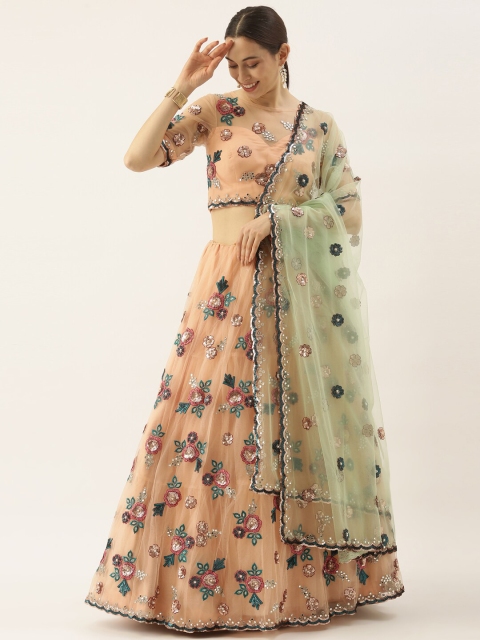 

panchhi Peach-Coloured & Blue Embroidered Sequinned Semi-Stitched Lehenga & Unstitched Blouse With Dupatta