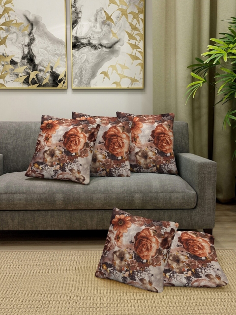 

KLOTTHE Brown & Grey Set of 5 Floral Square Cushion Covers