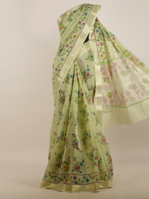 

Pothys Green & Pink Floral Printed Zari Border Saree