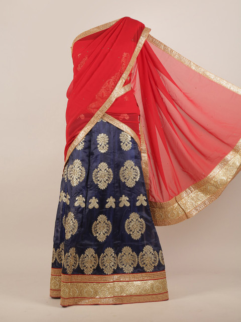 

Pothys Navy Blue & Red Ethnic Motifs Heavy Work Half Saree