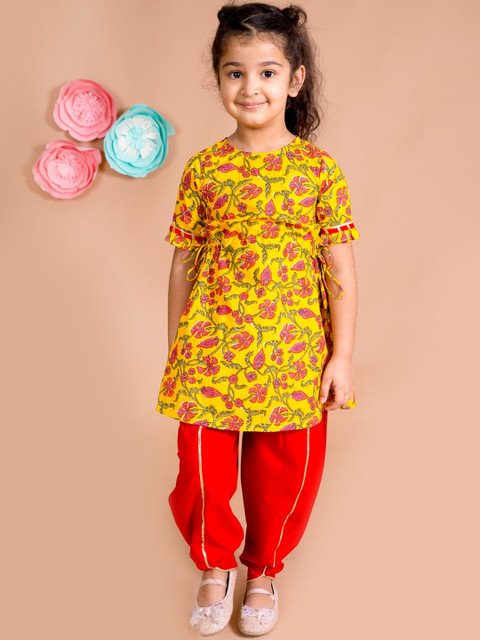 

pspeaches Girls Mustard Yellow Floral Printed Gotta Patti Pure Cotton Kurta with Dhoti Pants