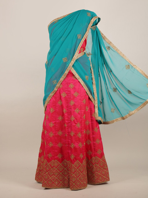 

Pothys Turquoise Blue & Red Embellished Half Lehenga Saree