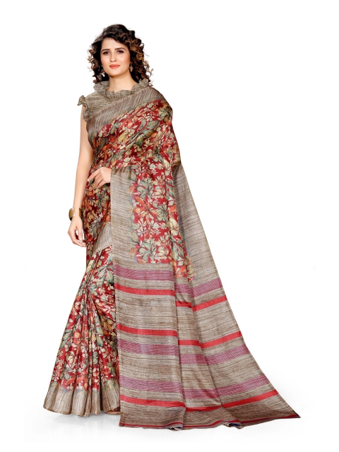 

KALINI Beige & Red Floral Art Silk Bagh Saree