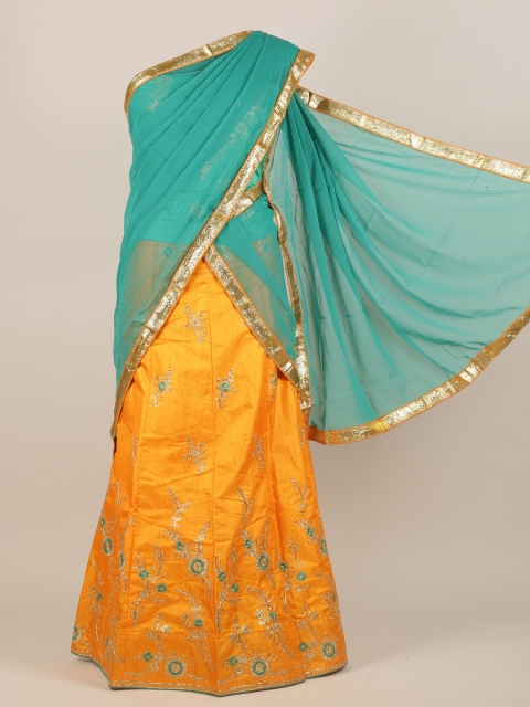 

Pothys Sea Green & Yellow Embellished Half Lehenga Saree