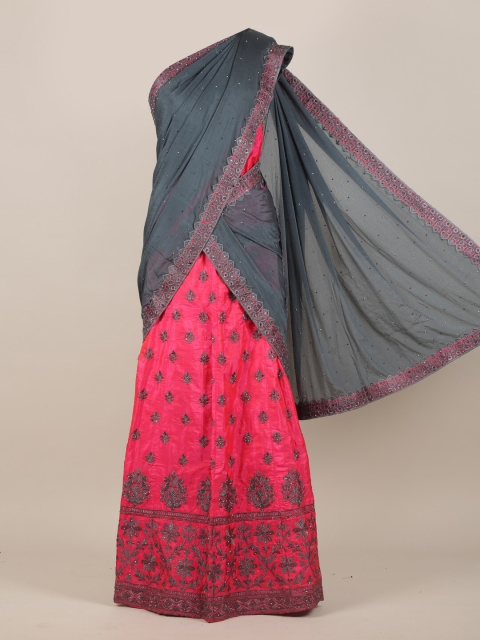 

Pothys Grey & Pink Ethnic Motifs Jute Silk Half Lehenga Saree