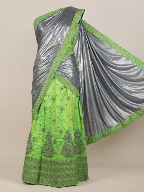 

Pothys Grey & Green Embellished Jute Silk Half Saree