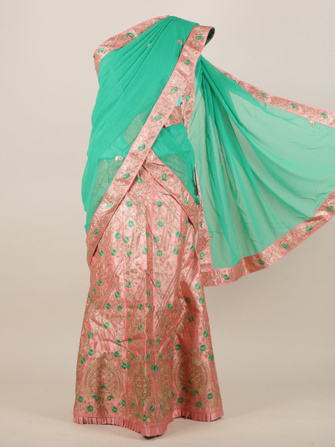 

Pothys Green & Pink Ethnic Motifs Embroidered Half Lehenga Zari Saree