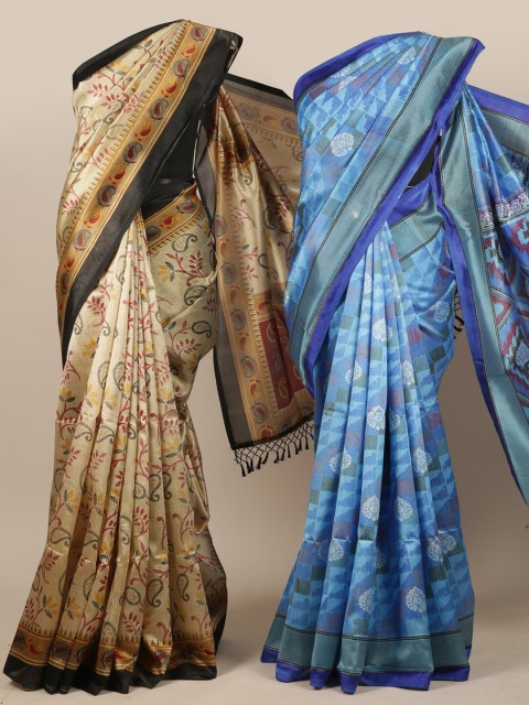 

Pothys Pack Of 2 Beige & Blue Printed Jute Silk Sarees