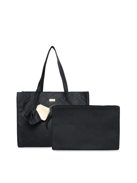 

yelloe Black Textured PU Structured Quilted Handheld Bag With Pouch