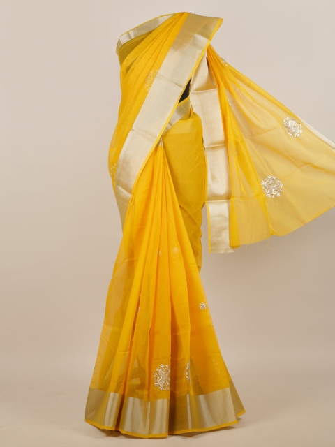 

Pothys Yellow & Silver-Toned Ethnic Motifs Embroidered Saree