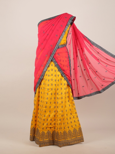 

Pothys Pink & Yellow Embroidered Half Lehenga Saree