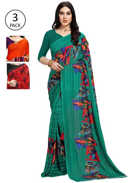 

KALINI Multicolor Polygeorgette Ethnic Motif Print Saree-Pack of 3, Red