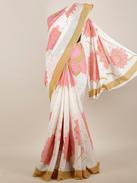 

Pothys White & Peach Cotton Blend Floral Printed Saree