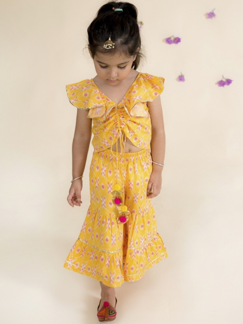 

pspeaches Girls Mustard Yellow Ikat Print Gotta Patti Pure Cotton Top with Sharara