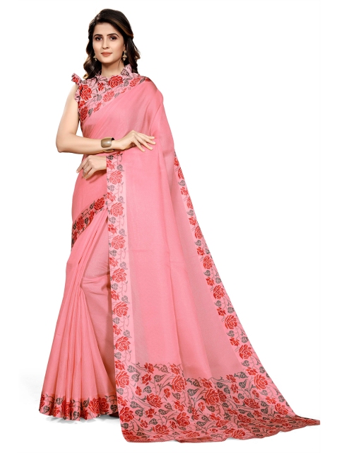 

KALINI Pink & Red Floral Printed Jute Cotton Bagh Saree