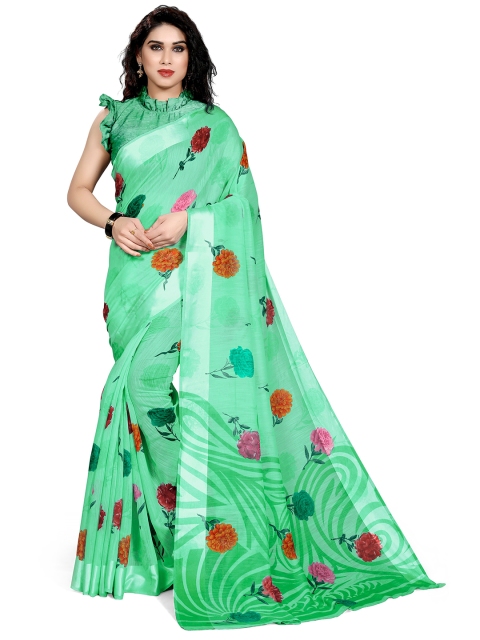 

KALINI Green Cotton Blend Floral Printed Saree