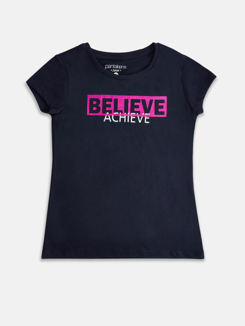 

Pantaloons Junior Girls Navy Blue Typography Printed Cotton Pure Cotton T-shirt