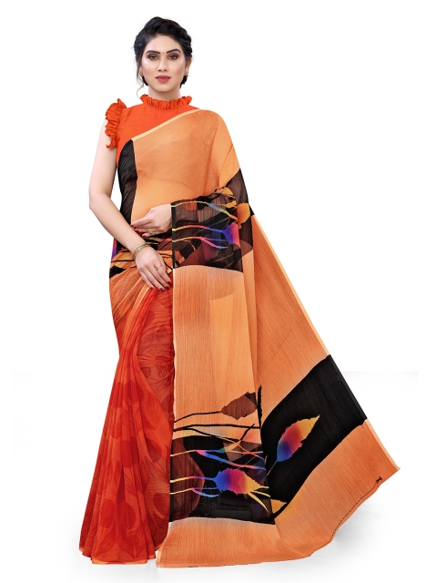 

KALINI Women Orange & Black Printed Chiffon Saree
