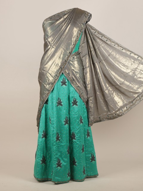 

Pothys Sea Green & Grey Floral Beads and Stones Jute Silk Half Saree