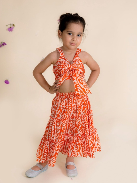 

pspeaches Girls Orange Printed Batik Ready to Wear Lehenga