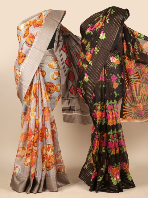 

Pothys Pack Of 2 Grey & Brown Floral Jute Silk Saree