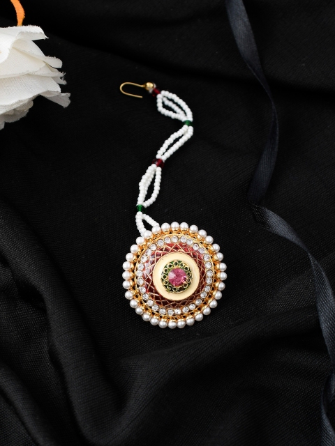 

Silvermerc Designs Gold-Plated Stone-Studded & Beaded Rajputi Padmavati Borla Maang Tikka