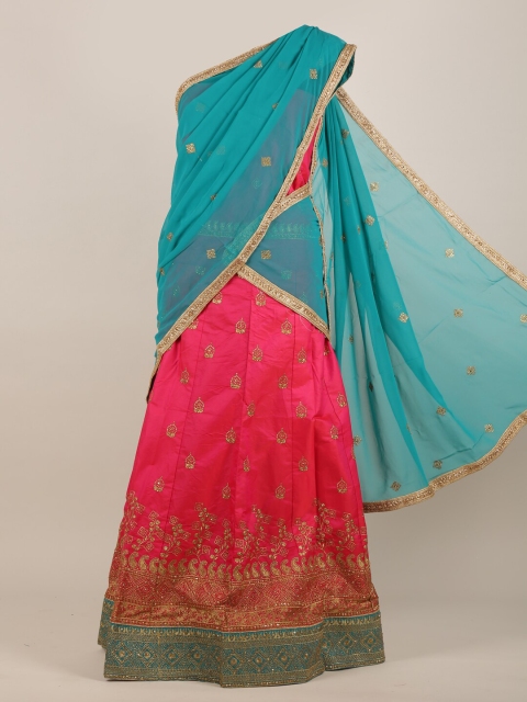 

Pothys Women Blue & Pink Embroidered Ethnic Motifs Half and Half Saree