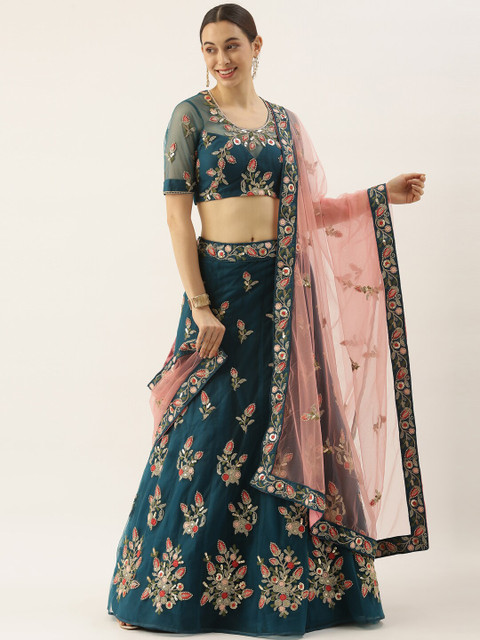 

panchhi Teal Blue & Pink Embellished Semi-Stitched Lehenga Choli with Dupatta