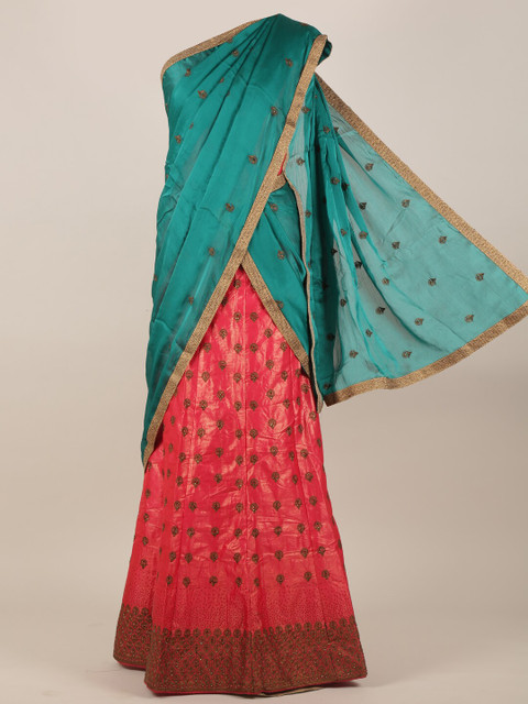 

Pothys Women Green & Pink Embellished Half & Half Saree