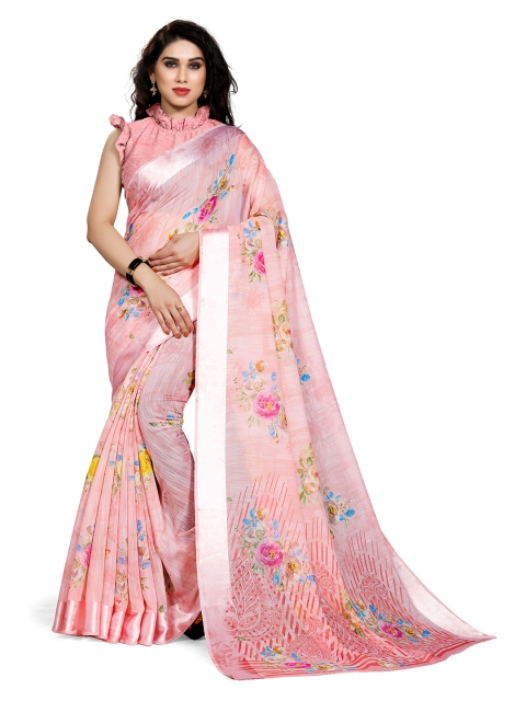 

KALINI Peach-Coloured & Blue Floral Printed Bagh Saree