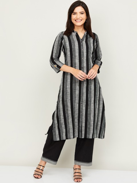 

Melange by Lifestyle Women Black & Grey Striped Pure Cotton Kurta with Palazzos