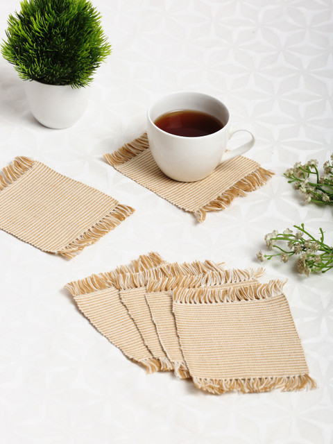 

Fabindia Set Of 6 Beige & White Woven-Design Cotton Coasters