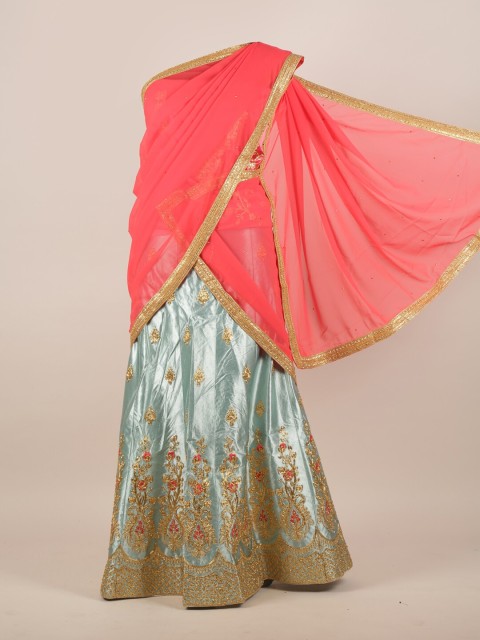 

Pothys Pink & Blue Floral Heavy Work Half Saree