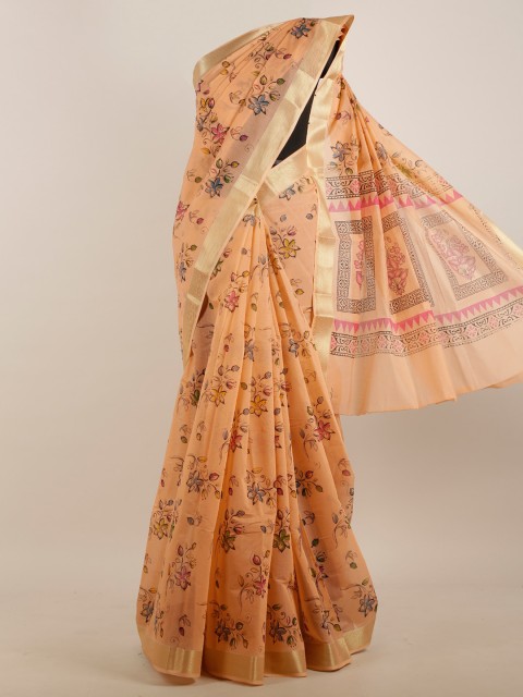 

Pothys Peach-Coloured & Pink Floral Saree