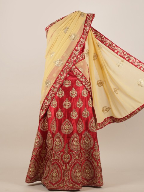 

Pothys Maroon & Gold-Coloured Embroidered & Stoned Heavy Work Half Saree