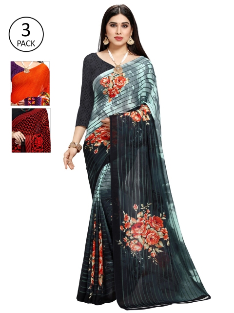 

KALINI Multicolor Georgette Printed Daily Wear Saree With Unstitched Blouse(Pack of 3), Orange