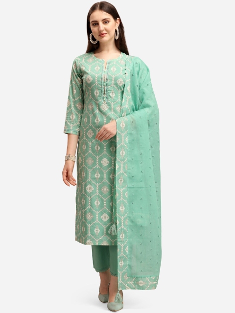 

Seerat Women Green Printed Layered Pure Cotton Kurta with Trousers & Dupatta